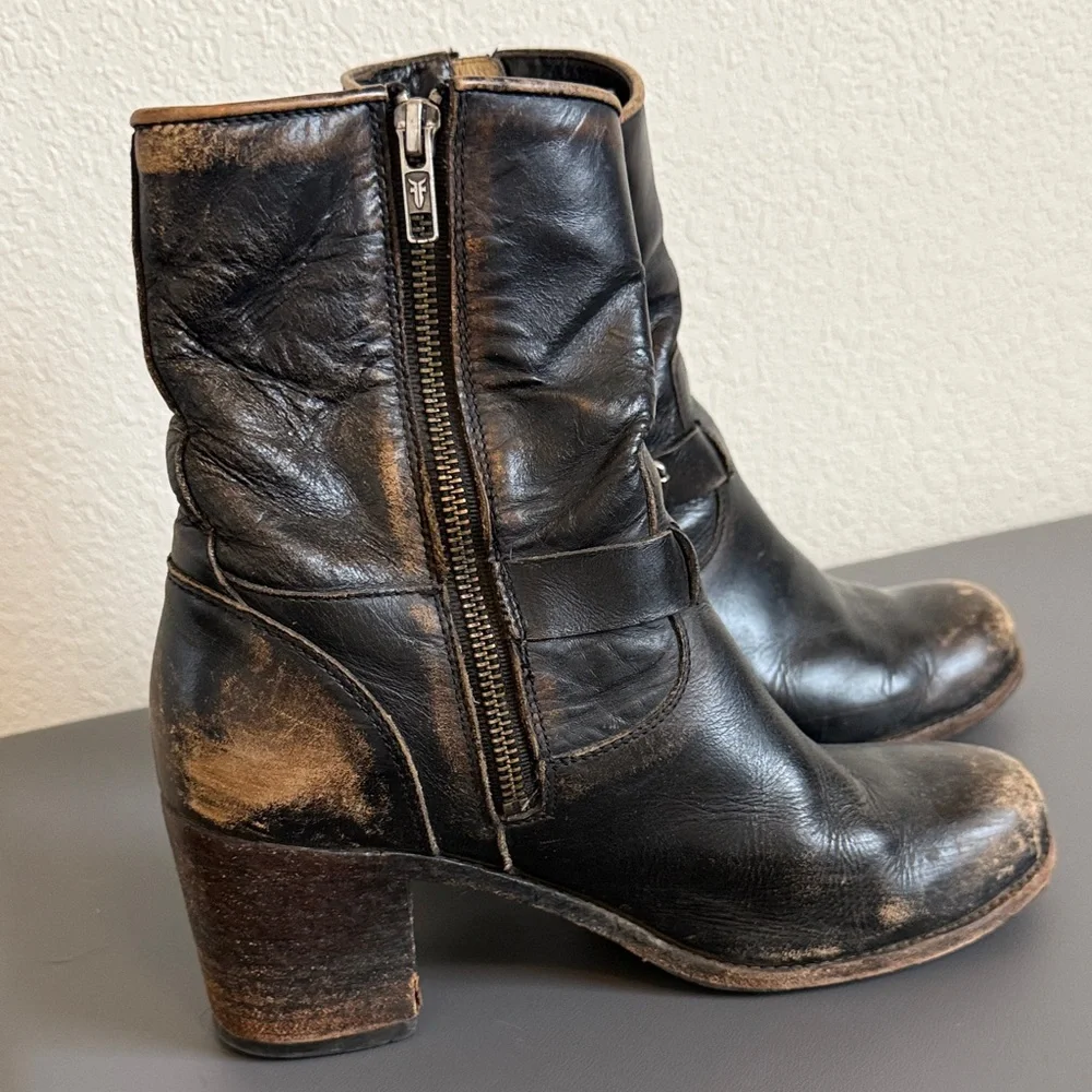 Frye Distressed Black Leather Mid Calf Boots with Buckle Detail - Picture 2 of 16